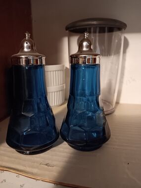 Vintage Blue Glass Salt & Pepper Shakers with Silver Tops